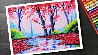 How to draw Spring season landscape drawing and painting with cherry blossom tree step by step [upl. by Ketchan]