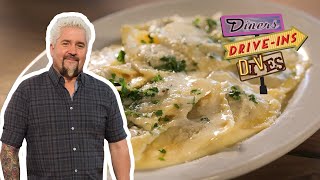 Guy Fieri Eats Ravioli with Garlic and Butter Sauce  Diners DriveIns and Dives  Food Network [upl. by Paddie240]