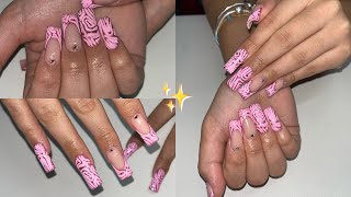 ✨Glitter Pink French Tip and 3d Swirls Acrylic Nail Set [upl. by Geaghan545]