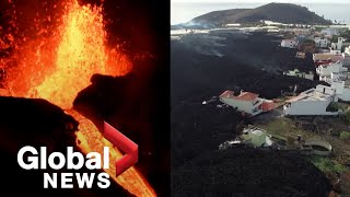 La Palma volcano New vent creates jets of redhot lava as black molten rock engulfs island [upl. by Saref]