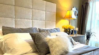 Showered With Love  35 Upholstered Panel Headboard DIY  Budget Romantic Nook Makeover [upl. by Lamberto]