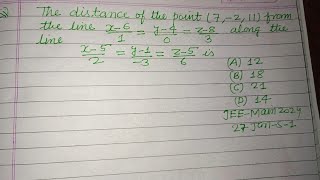 The distance of the point 7211 from the line x61y40z83   jee mains maths solution [upl. by Walley]