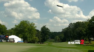 Goodyear Blimp flies over Sedgefield Country Club during Third Round of Wyndham Championship [upl. by Anoirtac797]