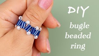 Winter Beaded Ring Tutorial  Blue Ring with Pearls and Bugle Beads [upl. by Yemarej828]