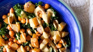 Healthy and Filling Kale Chickpea Salad with Roasted Potato  Tahini Mustard Maple Dressing Recipe [upl. by Meuser33]