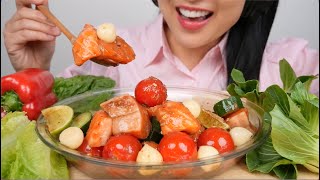 SPICY SALMON CUBE SALAD BIG BITE ASMR EATING SOUNDS  LIGHT WHISPERS  SASASRM [upl. by Marnie]