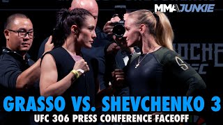 Alexa Grasso Valentina Shevchenko Hug after UFC 306 Press Conference Faceoff  Noche UFC [upl. by Rexanna782]