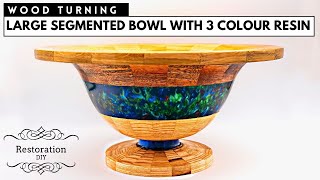 Woodturning  Large Segmented Bowl with 3 Colour Epoxy Resin  Restoration DIY [upl. by Jegar]