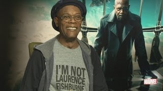 Samuel L Jackson wears Im not Laurence Fishburne shirt during interview [upl. by Potter]