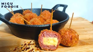 HAM amp CHEESE HUSH POPPIES Breaded Ham coated Cheese on a Stick Snack  Food Concepts [upl. by Peckham]