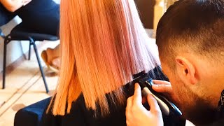 LOB HAIRCUT – PINK BLUNT CUT BOB WITH BANGS [upl. by Annavahs641]