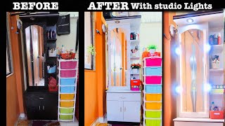 Makeover  Organization of Small Dressing Table  With studio light  DIY [upl. by Svensen]