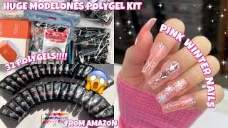 TRYING A HUGE MODELONES POLYGEL NAIL STARTER KIT FROM AMAZON  130 ITEMS  BEGINNER POLYGEL KIT [upl. by Ornas]