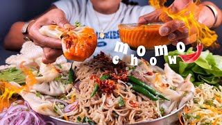 EATING VEG MOMO amp CHILLI CHOWMEIN WITH SPICY CHUTNEY  EATING SPICY STREET FOOD  MOMO amp CHOW ASMR [upl. by Horten]