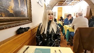 4k Granate styling walking in public Roma Trastevere on a rainy evening long coat [upl. by Ruffo207]