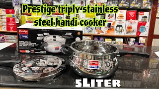 PRESTIGE SVACHH TRIPLY STAINLESS STEEL HANDI PRESSURE COOKER 5L REVIEW  TRIPLY STEEL COOKER [upl. by Talmud703]