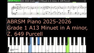 ABRSM Piano 2025 2026 Grade 1 A13 Minuet in A minor Z 649 Purcell [upl. by Marline310]