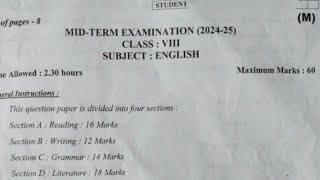 English paper class 8  Mid term exam 202425  half yearly english paper class8  71024 [upl. by Baker]