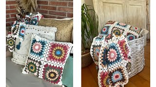 Como tejer juego de cojines y plaid en crochet granny squares Cushion [upl. by Rehpotsihc]