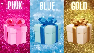 Choose your gift 🤩💝🤮  3 gift box challenge  Pink Blue Gold pickonekickone giftboxchallenge [upl. by Tur]