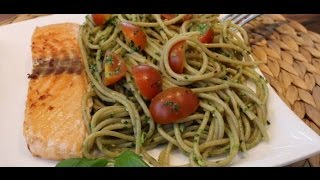 Die High Carb Vollkorn Spaghetti Basilikum Pesto und Lachs  gesundes Fitness Rezept [upl. by Seaden]