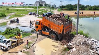 Full Processing Filling Up The Land huge By Bulldozer KOMATSU D37P And Dump Truck Unloading [upl. by Nyliuqcaj351]