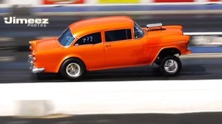 55 CHEVY GASSER quotORANGE KRATEquot RUNS 108312455MPH AT RT66 [upl. by Verity]