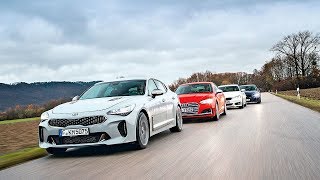 2018 Kia Stinger GT vs 2018 Audi S5 Sportback vs 2018 BMW 440i Grand Sport vs 2018 Jaguar XE S [upl. by Xuerd]