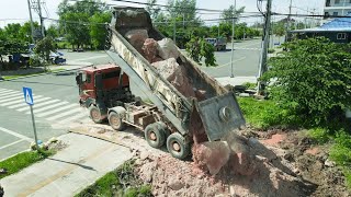 Start Large Fill Up Land Project By KOMATSU DOZERS Push and Dumping Stone Mixed Rock [upl. by Uriel353]