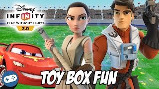 Rey Poe Dameron and Lightning McQueen Disney Infinity 30 Toy Box Fun Gameplay [upl. by Hteb]