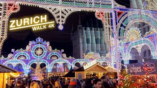 Zurich main station walk Christmas Market Bahnhofstrasse Illuminarium 4K 60 fps December 2022 [upl. by Fattal]