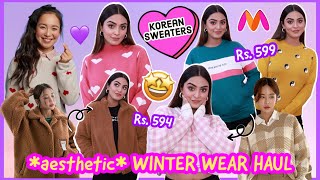 aesthetic WINTER WEAR HAUL 2022 💜 Korean Inspired Sweaters Teddy Jacket amp More  Myntra Haul [upl. by Byron670]