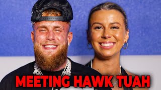 Jake Paul Meets HAWK TUAH Haliey Welch For The First Time [upl. by Llednik]