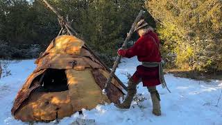 Bark Covered Primitive Shelter with Inside Fire  BUSHCRAFT  SURVIVAL  CANADIAN WINTER [upl. by Benia]