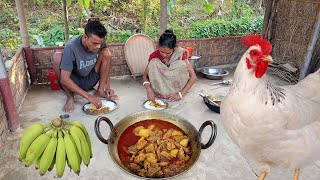 CHICKEN WITH RAW BANANA । Village Traditional Chicken Recipe Cooking amp Eating By Mother And Son [upl. by Tenner]