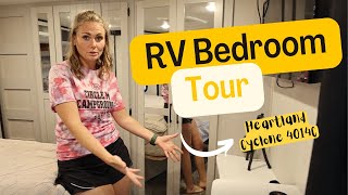 RV Bedroom Tour  RV Living  Heartland Cyclone 4014C [upl. by Darda]