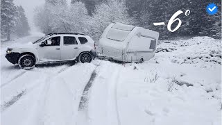 Snow camping at 6 degrees  Our caravan fell into the canal  Driverless car crashed into us [upl. by Lizzy821]