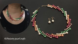 multi color pearl necklace makingrainbow pearl necklace tutorialpearl wavy necklace setearrings [upl. by Aloel]