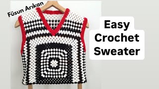 grannysquare örgükazak KOLAY TIĞ İŞİ SÜVETER  ARTAN İPLERİ DEĞERLENDİRELİM  EASY CROCHET [upl. by Liborio377]