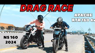 TVS APACHE RTR 160 4V VS PULSAR NS 160 DIGITAL METRE DRAG RACE 💥 RACE TILL THEIR POTENTIAL 🔥 [upl. by Adneral]