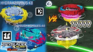 2 GLITCHES vs AMBUSH ACHILLES A8 HYDRA KERBEUS K8  QR CODES BEYBLADE BURST APP [upl. by Nielsen]