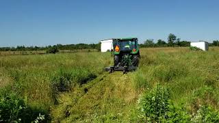 John Deere 5075E Compact Tractor Cutting overgrown tall grass with Kodiak Rotary Cutter [upl. by Mairb]