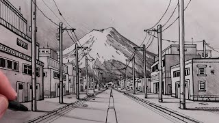 How to Draw a Road in OnePoint Perspective and Street View of Mt Fuji Fast [upl. by Arayt31]