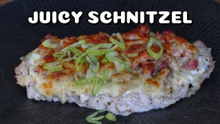 GRILLED ALSATIAN SCHNITZEL  JUICY SCHNITZEL with CHEESE ONIONS and BACON 0815BBQ  International [upl. by Nichole]