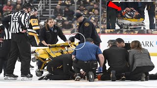 Referee Steve Kozari taken off ice on stretcher after collision with Lightnings Haydn Fleury [upl. by Irv]