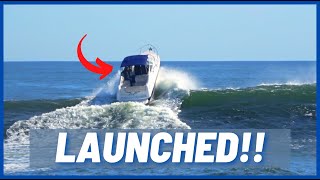 BOATER LAUNCHED BY HUGE WAVE AT MANASQUAN INLET   Massive Wave vs Boat  Shore Boats [upl. by Candyce]