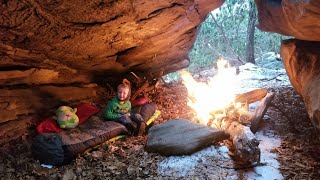 No Tent Winter Camping During Snow Storm  Exploring Natural Stone Maze [upl. by Zampino]