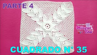 PARTE 4 Cuadrado cuadro o muestra N° 35 tejido a crochet con flor rosita y hojas para cojines [upl. by Drehcir]