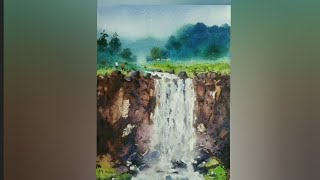 watercolor painting drawing of waterfalls [upl. by Learsi]