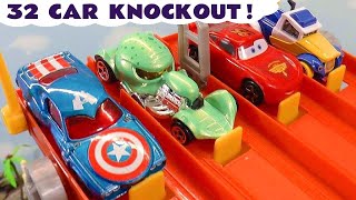 Giant 32 Car Knockout Challenge With Toy Cars And Funlings [upl. by Shawn881]